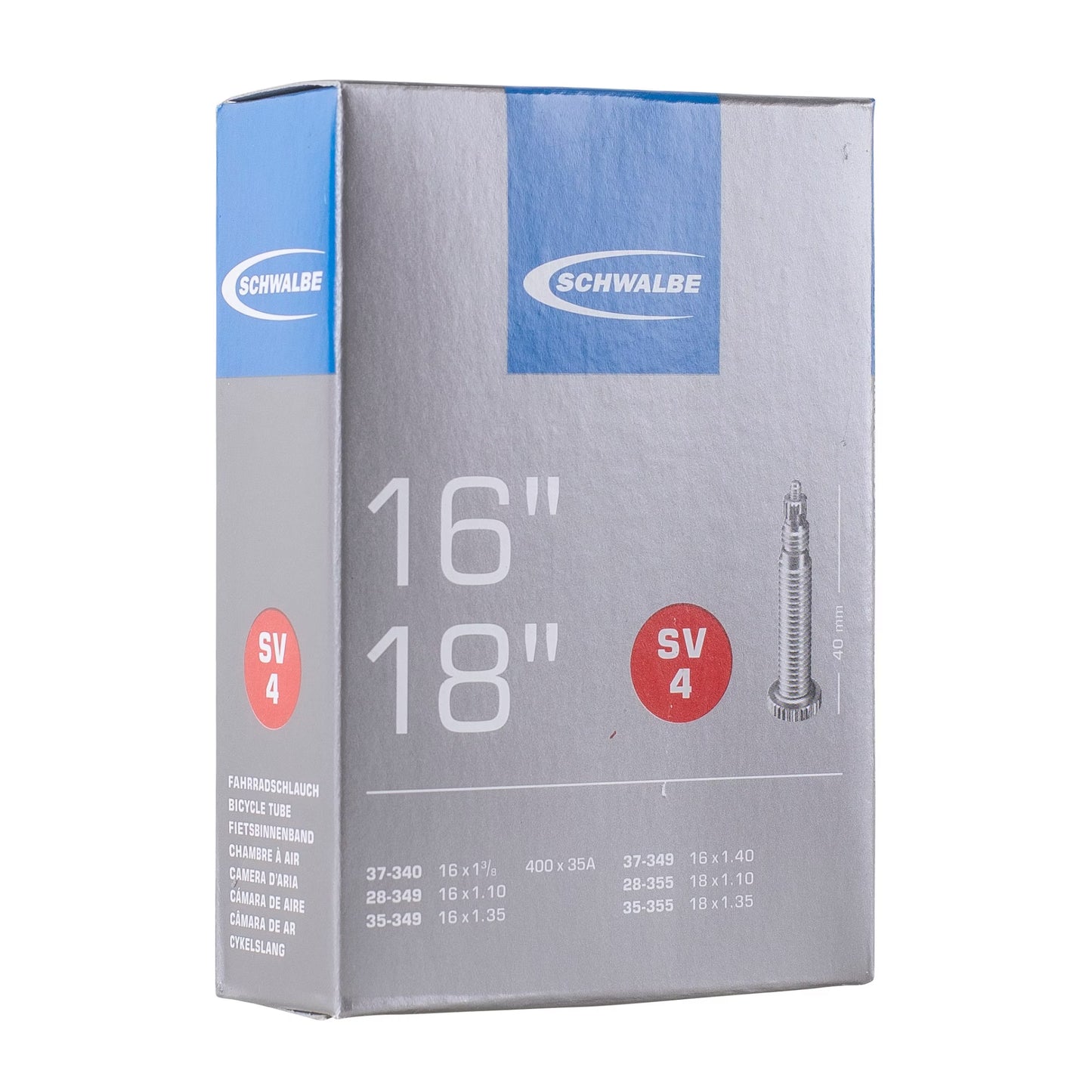 Eine silber-blaue Schwalbe SV 4 / 16"/18" Box zeigt auf der Vorderseite ein kleines Presta-Ventil-Bild und Größenangaben in mehreren Sprachen.