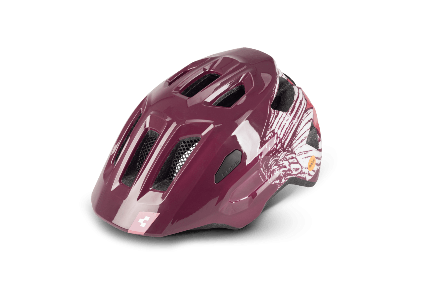 Der CUBE TALOK - Kinderhelm von Cube ist ein glänzender, kastanienbrauner Kinderhelm mit schwarzen Belüftungsöffnungen und weißen Seitenmustern, der mit einem sicheren MIPS-System ausgestattet ist und auf einem schlichten weißen Hintergrund steht.