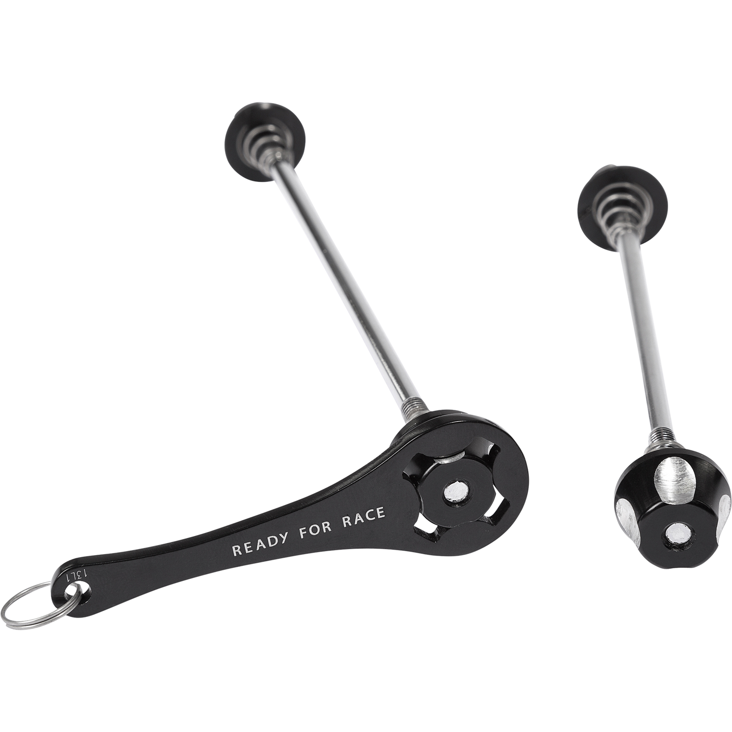 Das RFR Spannachsen - Set mit Diebstahlschutz VR/HR Schnellspanner verfügt über Metallradachsen mit schwarzen Schnellspannhebeln, inklusive READY FOR RACE Aufdruck und Diebstahlschutzring, abgebildet auf einem schlichten weißen Hintergrund.