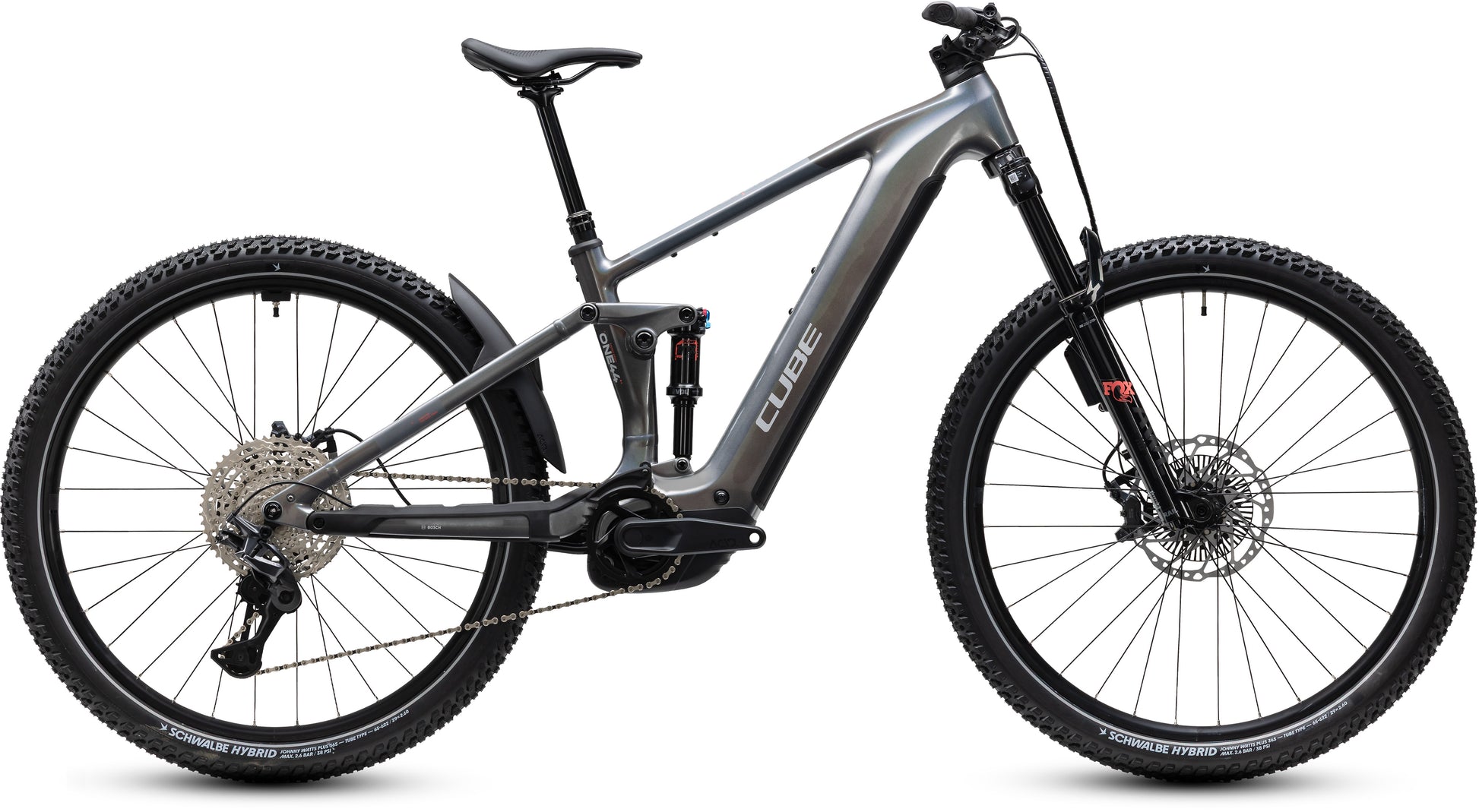 CUBE Stereo Hybrid ONE44 SLX 800 E-Mountainbike Fully 2027 in prismasilver und grey, Seitenansicht