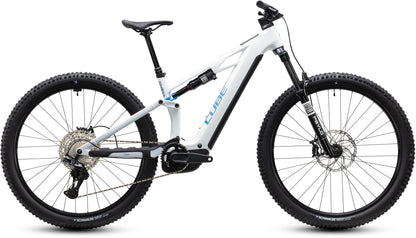 CUBE Stereo Hybrid ONE44 HPC Pro 800 E-Mountainbike Fully 2027 in metallicwhite und blue, Seitenansicht
