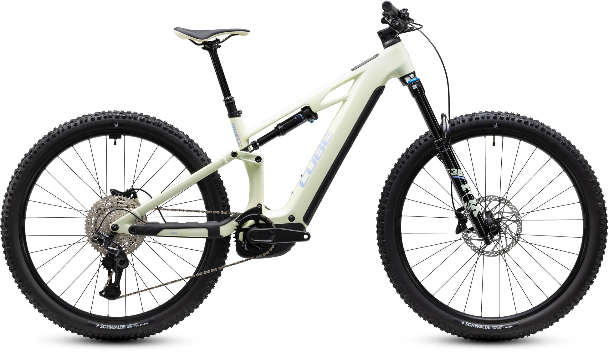 CUBE Stereo Hybrid ONE44 HPC Race 800 E-Mountainbike Fully 2027 in mellowyellow und lilac, Seitenansicht