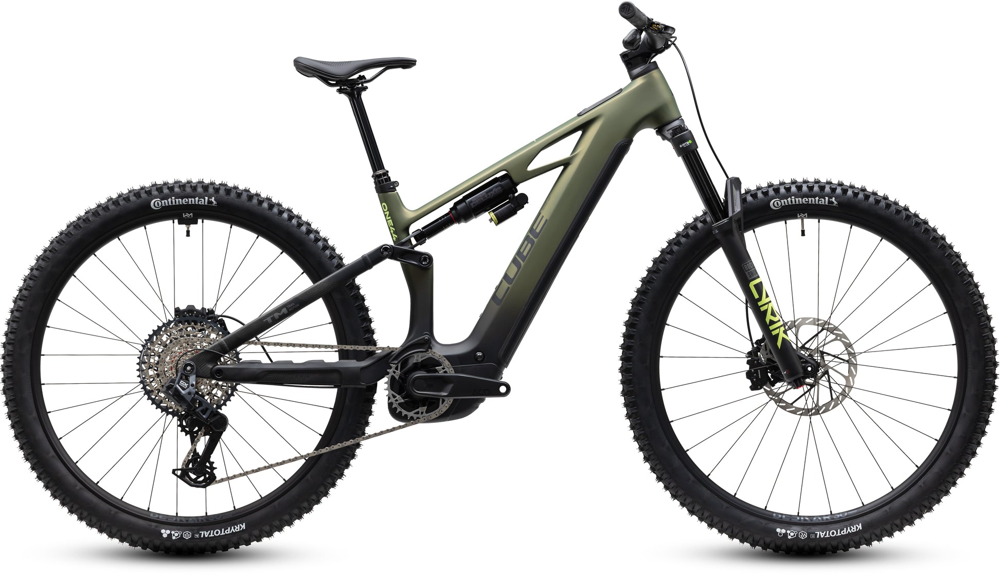 CUBE Stereo Hybrid ONE44 HPC TM 800 E-Mountainbike Fully 2027 in reedgreen und gills, Seitenansicht