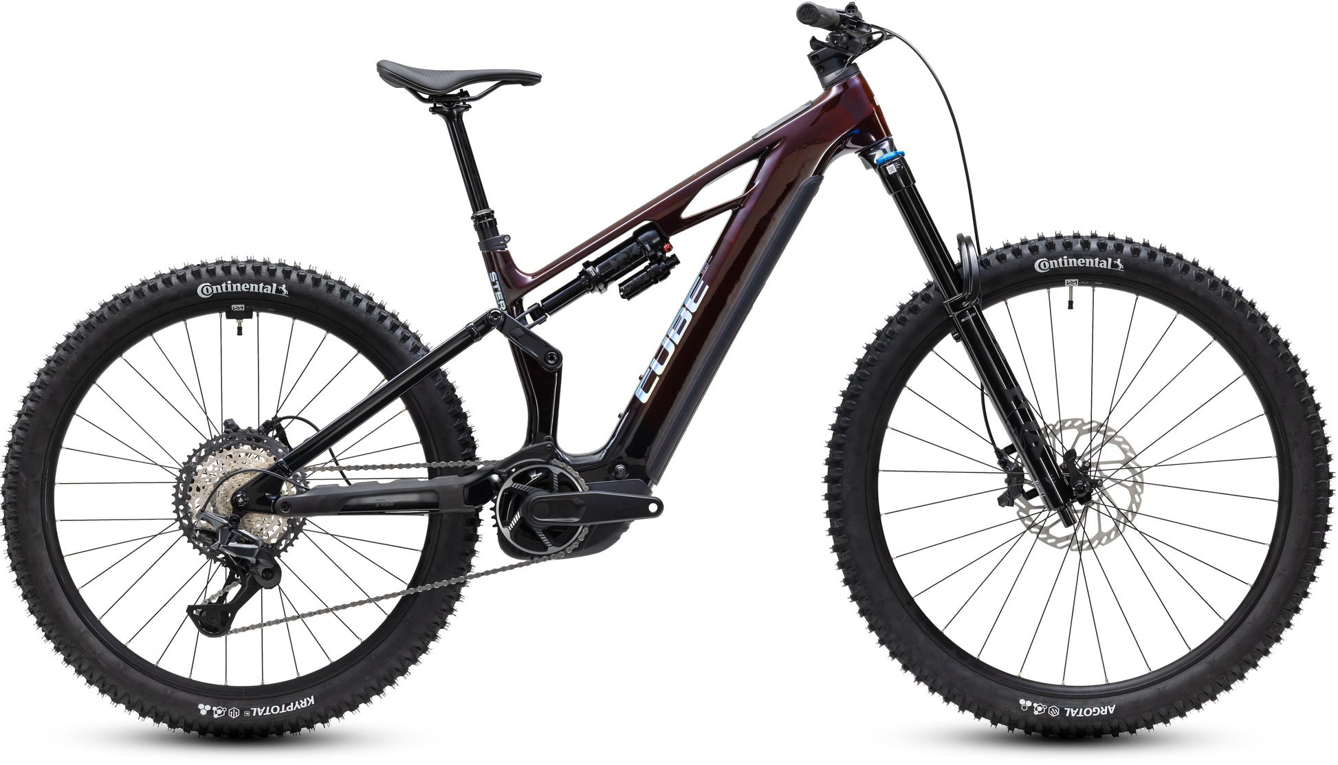 CUBE Stereo Hybrid ONE77 HPC SLX 800 E-Mountainbike Fully 2027 in liquidred und black, Seitenansicht