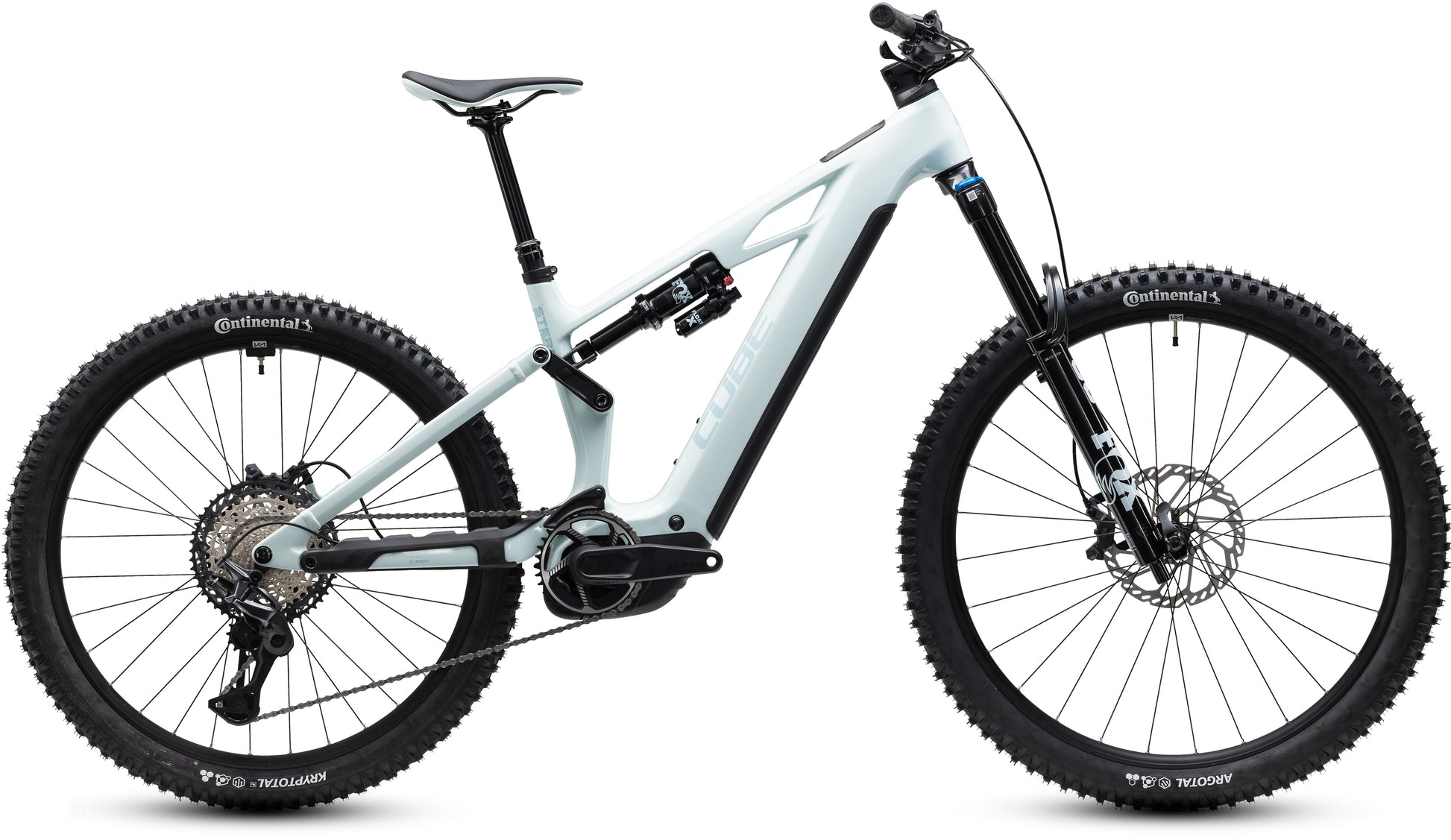 CUBE Stereo Hybrid ONE77 HPC SLX 800 E-Mountainbike Fully 2027 in hintofmint und orange, Seitenansicht