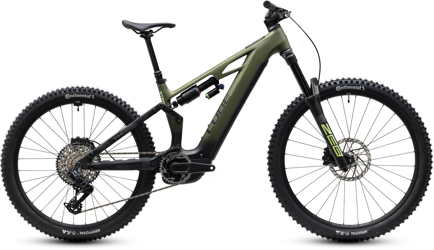 CUBE Stereo Hybrid ONE77 HPC TM 800 E-Mountainbike Fully 2027 in reedgreen und gills, Seitenansicht