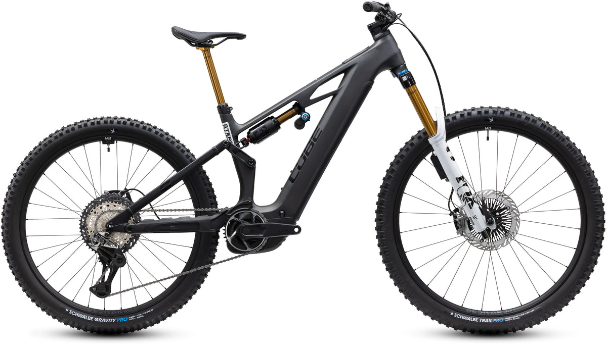 CUBE Stereo Hybrid ONE77 HPC At 800 E-Mountainbike Fully 2027 in carbon und white, Seitenansicht