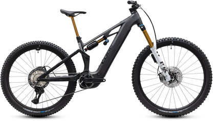 CUBE Stereo Hybrid ONE77 HPC At 800 E-Mountainbike Fully 2027 in carbon und white, Seitenansicht