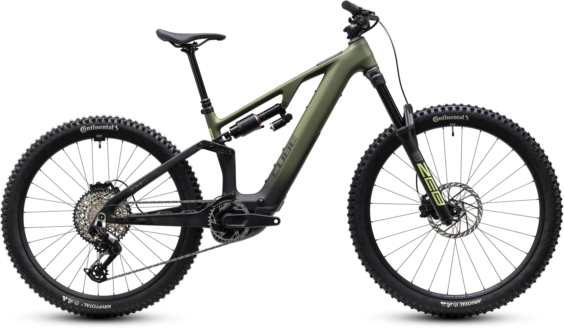 CUBE AMS Hybrid 177 C:62 TM 600x E-Mountainbike Fully 2027 in reedgreen und gills, Seitenansicht