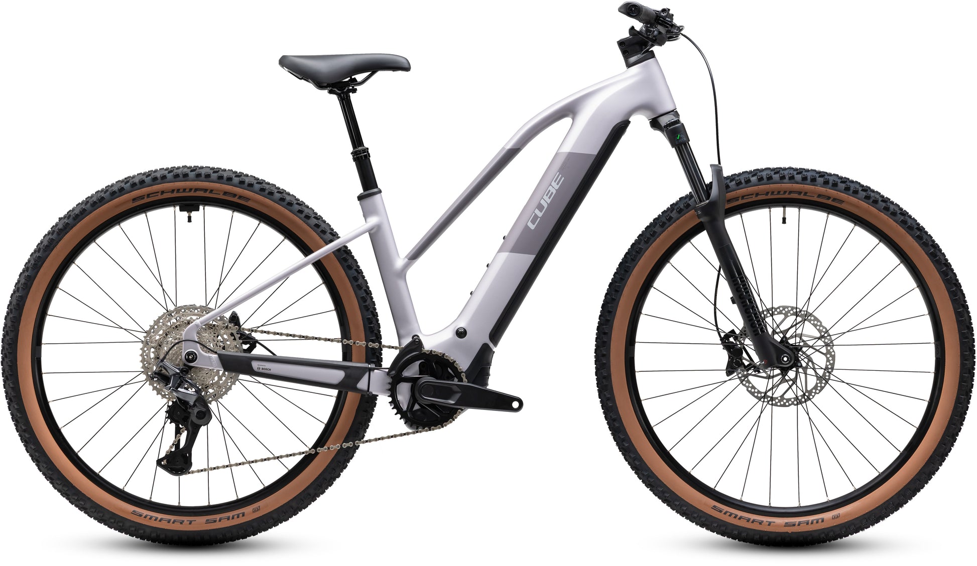 CUBE Reaction Hybrid Pro 800 Trapeze E-Mountainbike Hardtail 2027 in lilacbreeze und prizm, Seitenansicht