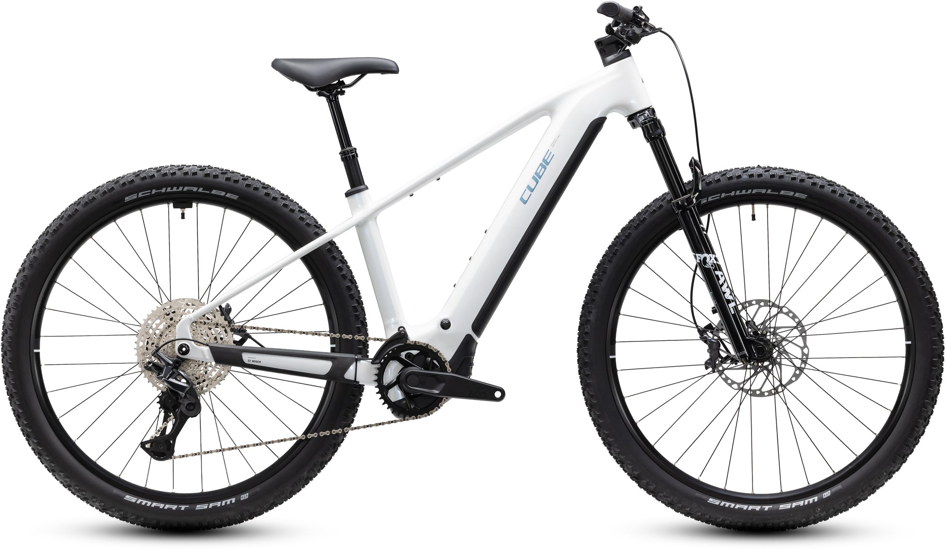 CUBE Reaction Hybrid Race 800 E-Mountainbike Hardtail 2027 in snow und black, Seitenansicht
