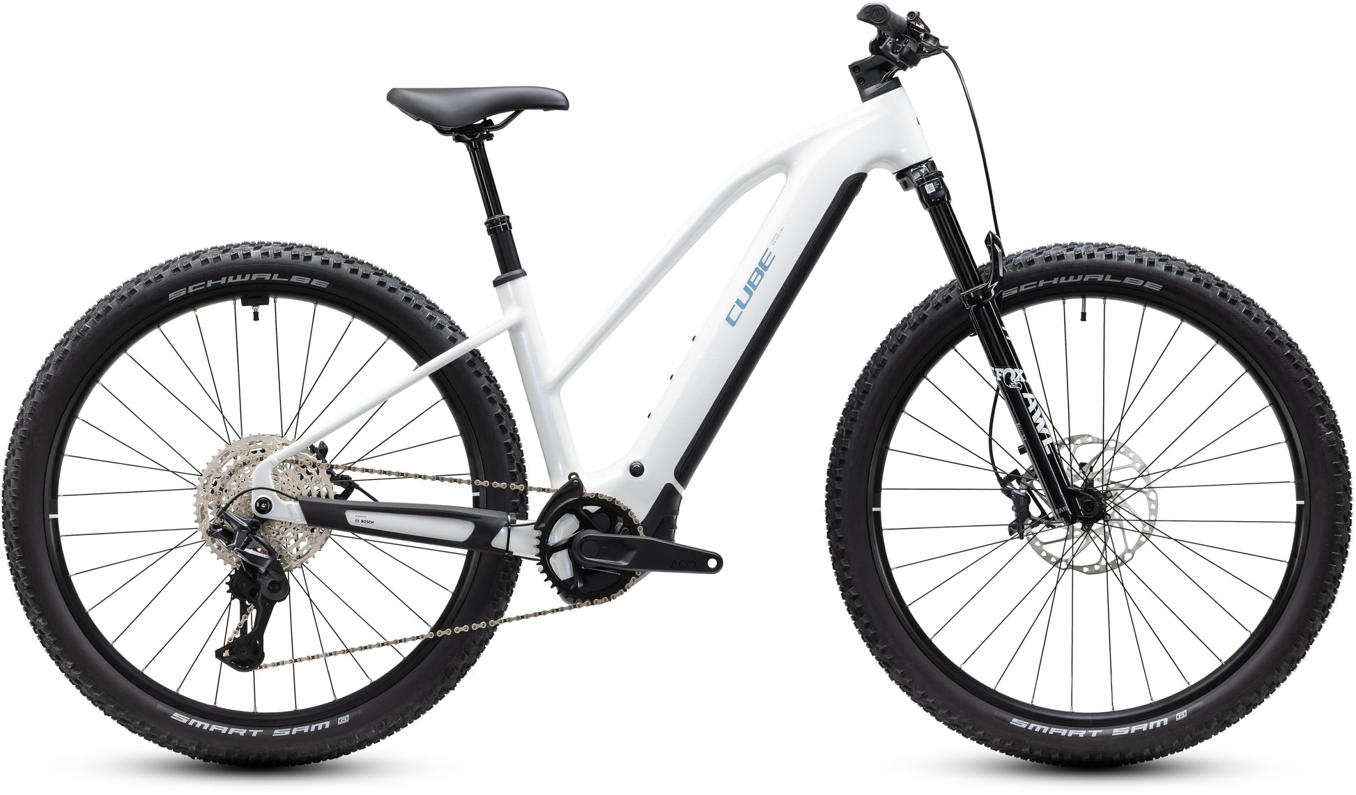 CUBE Reaction Hybrid Race 800 Trapeze E-Mountainbike Hardtail 2027 in snow und black, Seitenansicht