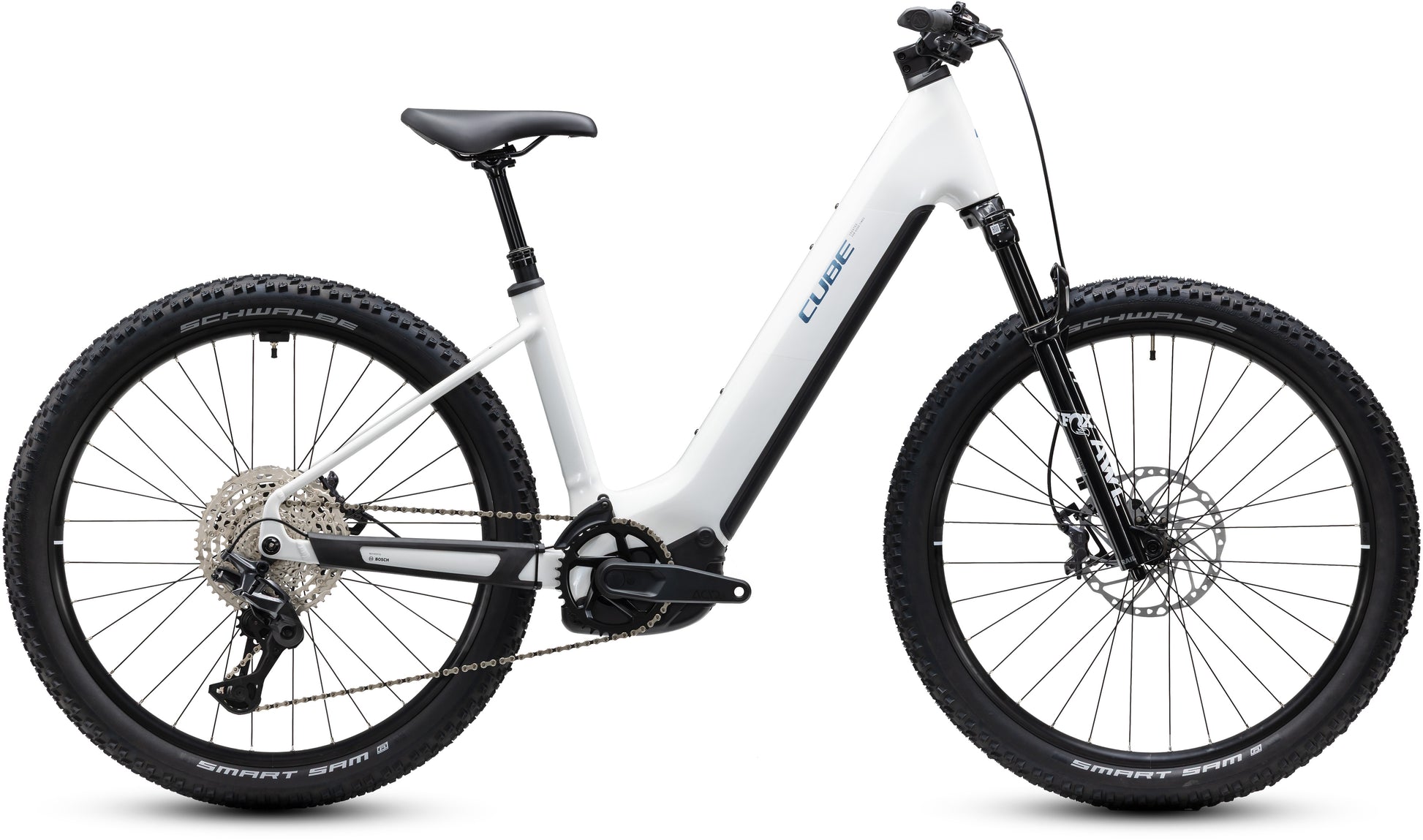 CUBE Reaction Hybrid Race 800 Easy Entry E-Mountainbike Hardtail 2027 in snow und black, Seitenansicht