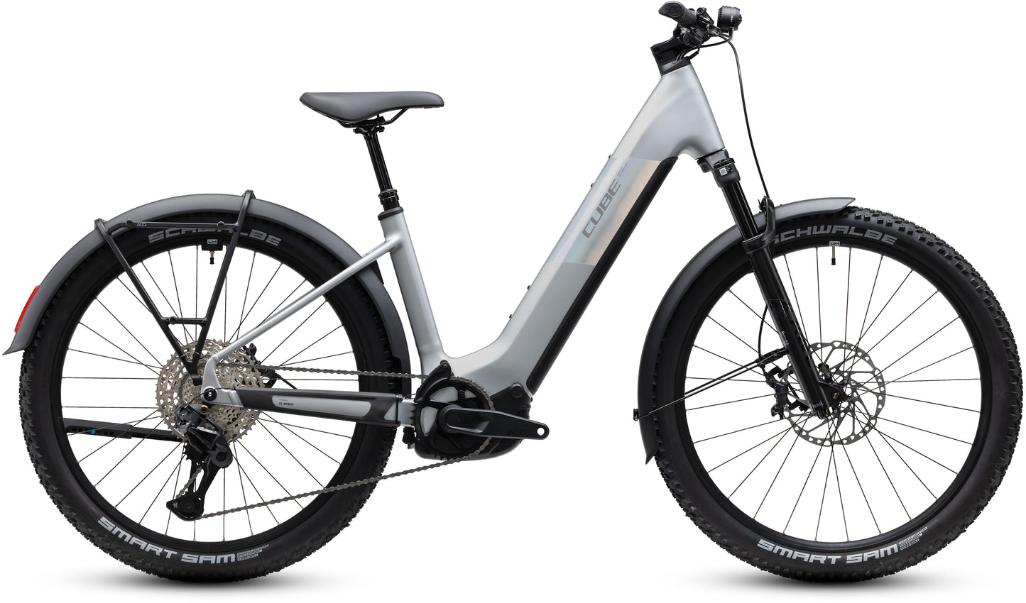CUBE Reaction Hybrid SLX 800 FE Easy Entry E-Mountainbike Hardtail 2027 in platinum und reflex, Seitenansicht