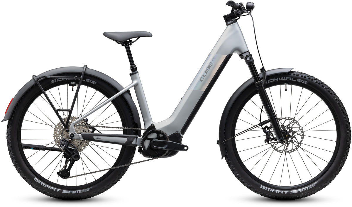 CUBE Reaction Hybrid SLX 800 FE Easy Entry E-Mountainbike Hardtail 2027 in platinum und reflex, Seitenansicht