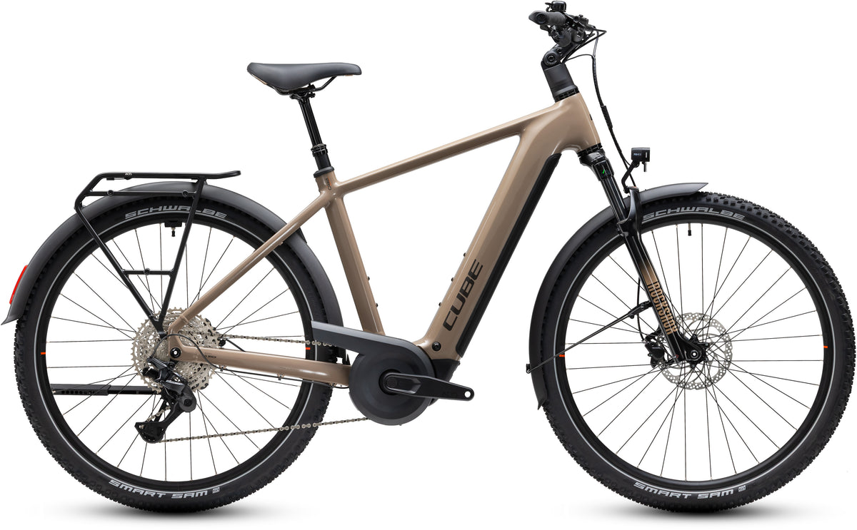 CUBE Nuride Hybrid Pro 800 E-Trekkingrad 2027 in cappuccino und black, Seitenansicht