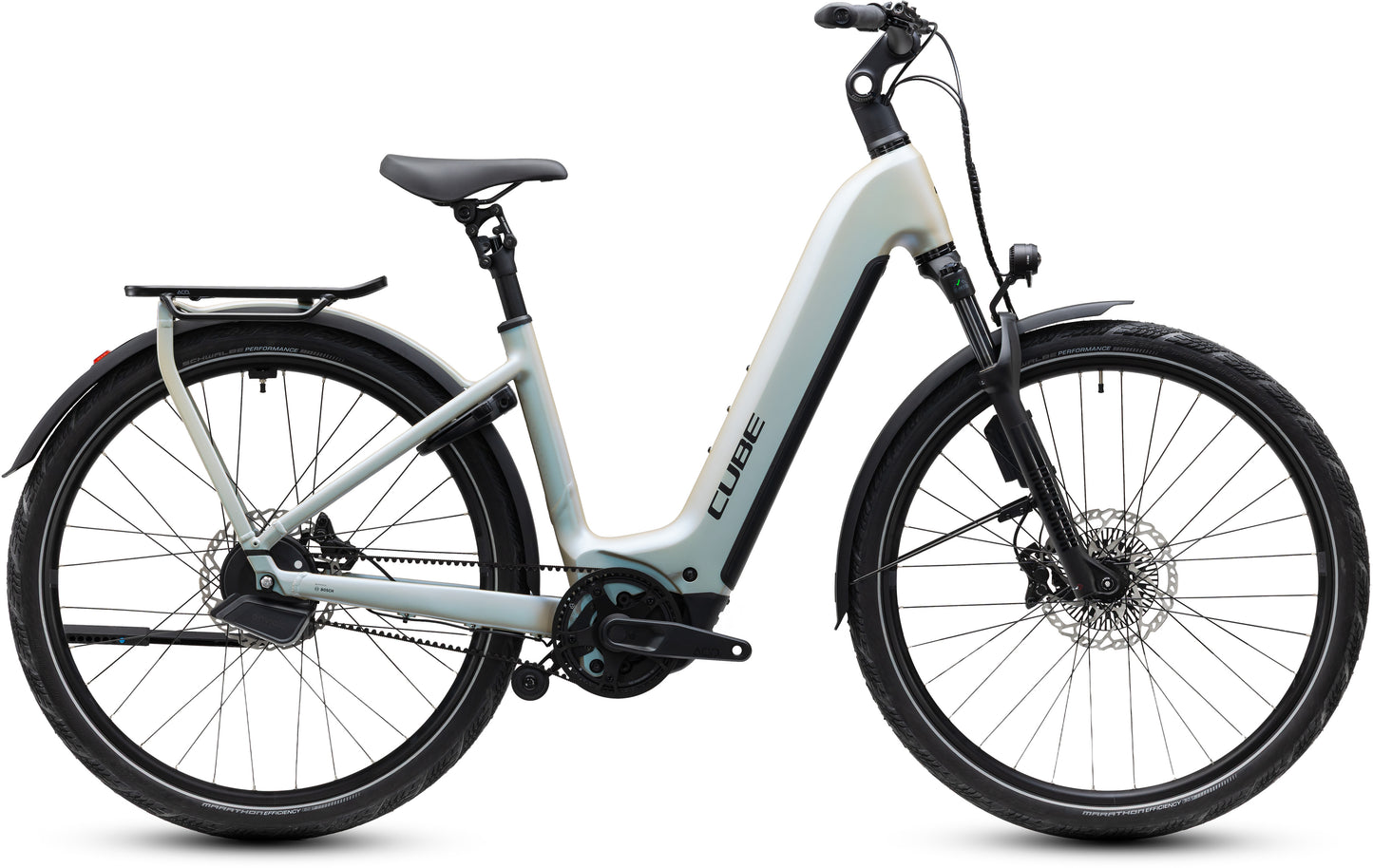 CUBE Kathmandu Hybrid Deluxe EXC 800 Easy Entry E-Trekkingrad 2027 in glintsand und black, Seitenansicht