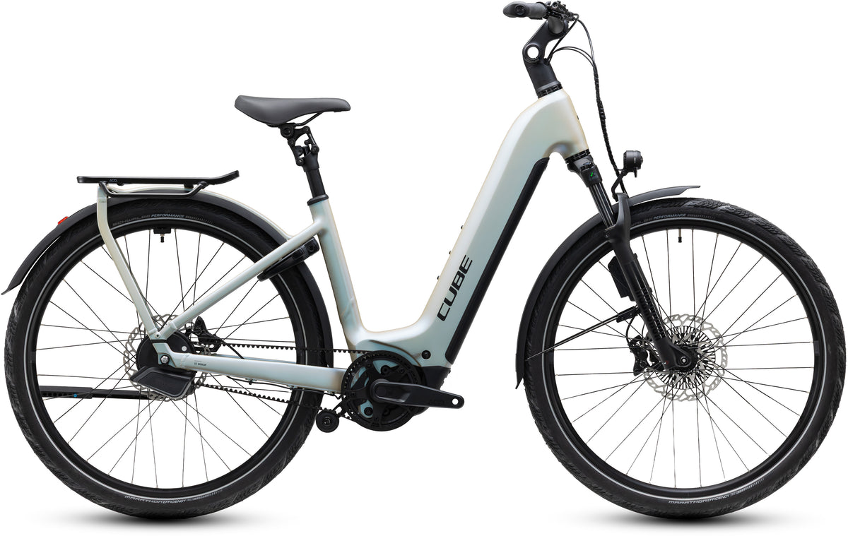CUBE Kathmandu Hybrid Deluxe EXC 800 Easy Entry E-Trekkingrad 2027 in glintsand und black, Seitenansicht