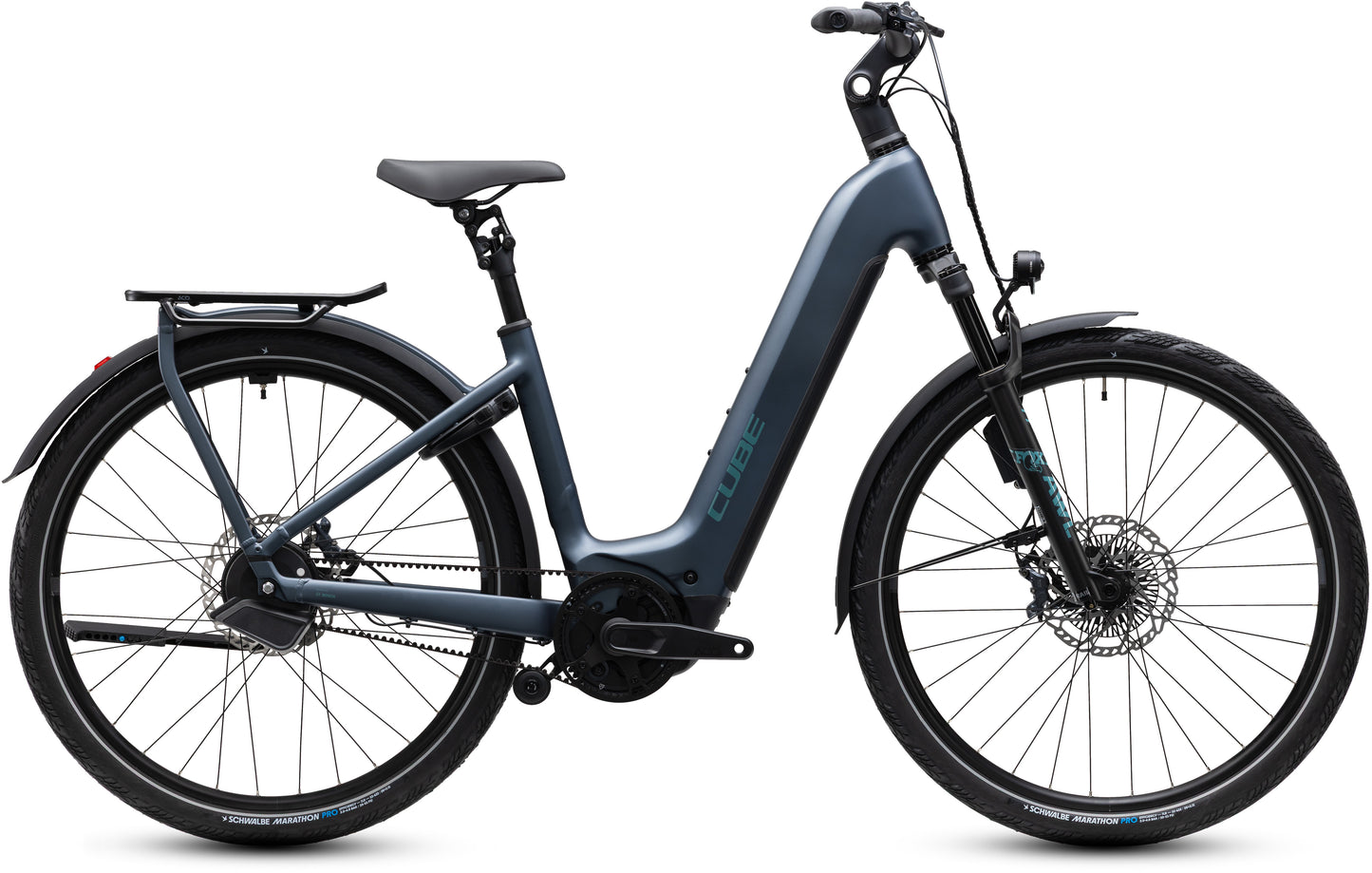 CUBE Kathmandu Hybrid Deluxe SLX 800 Easy Entry E-Trekkingrad 2027 in mineralblue und blue, Seitenansicht
