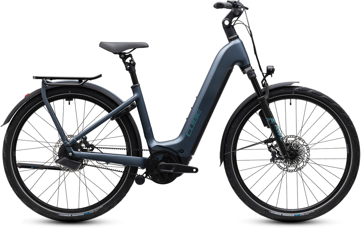 CUBE Kathmandu Hybrid Deluxe SLX 800 Easy Entry E-Trekkingrad 2027 in mineralblue und blue, Seitenansicht