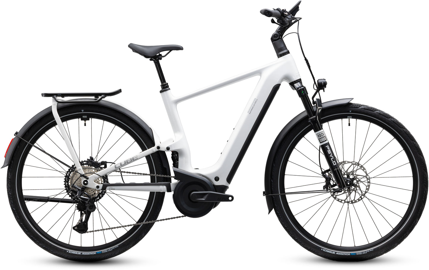 CUBE Kathmandu Hybrid ONE11 HPC SLX 800 E-Trekkingrad 2027 in metallicwhite und prizm, Seitenansicht