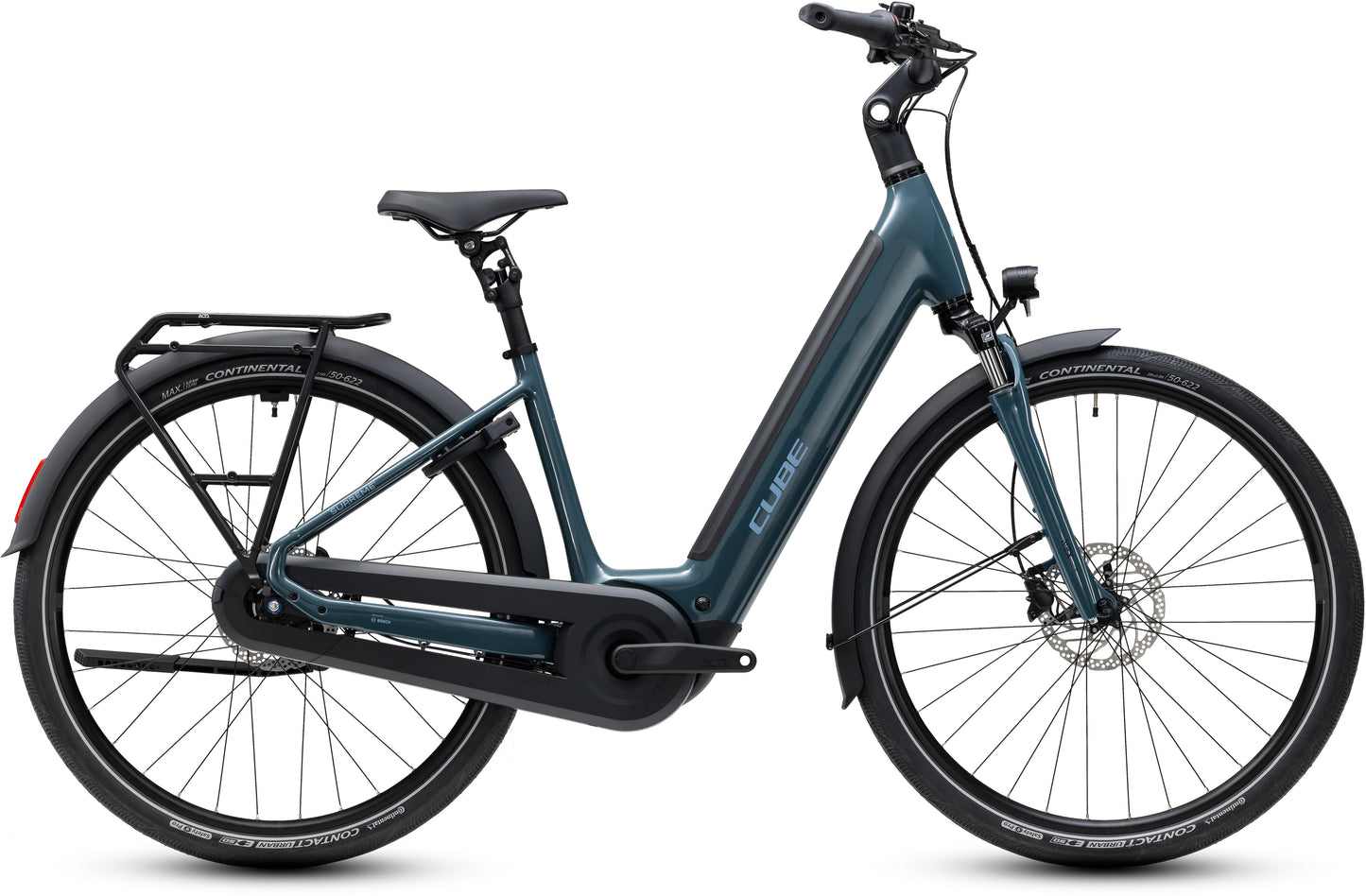 CUBE Supreme Hybrid Comfort ONE 600 Easy Entry E-Cityrad 2027 in storm und reflex, Seitenansicht