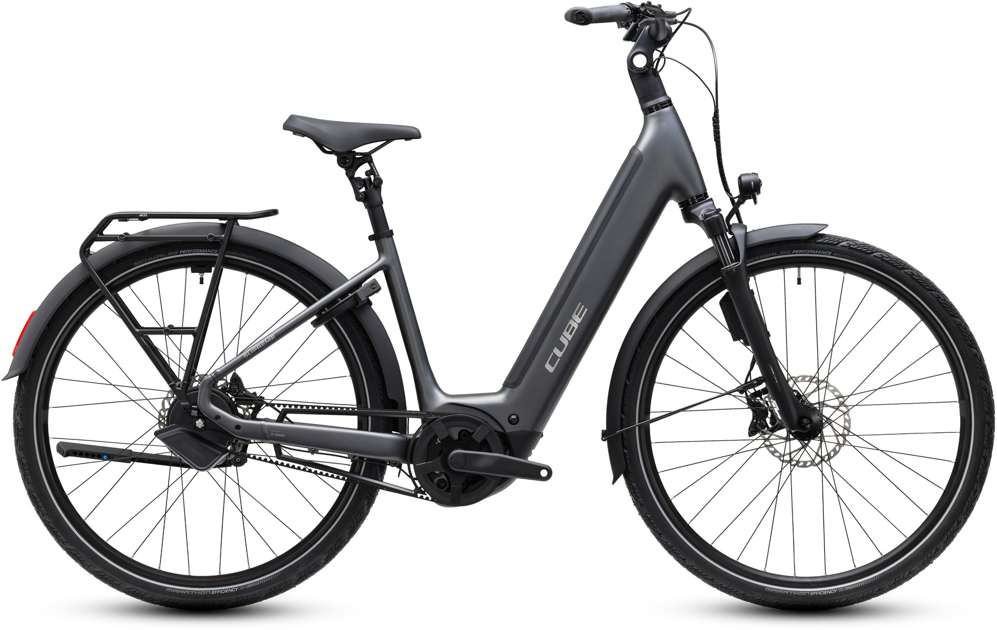 CUBE Supreme Hybrid Deluxe SLT 600 Easy Entry E-Cityrad 2027 in slabgrey und chrome, Seitenansicht
