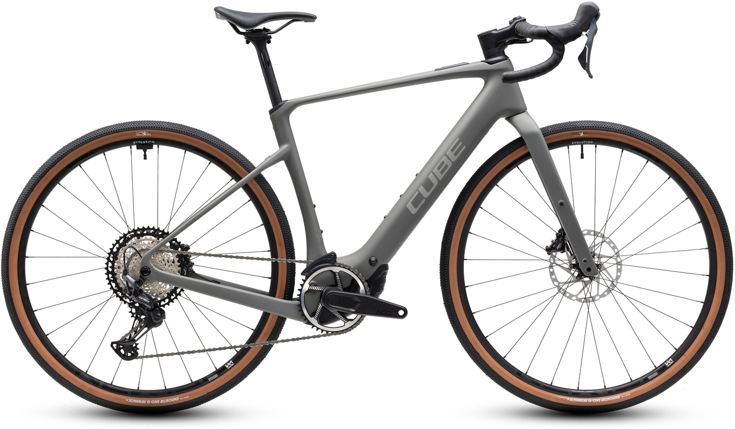 CUBE Nuroad Hybrid C:62 Race 400x E-Gravelbike 2027 in oldgrey und grey, Seitenansicht