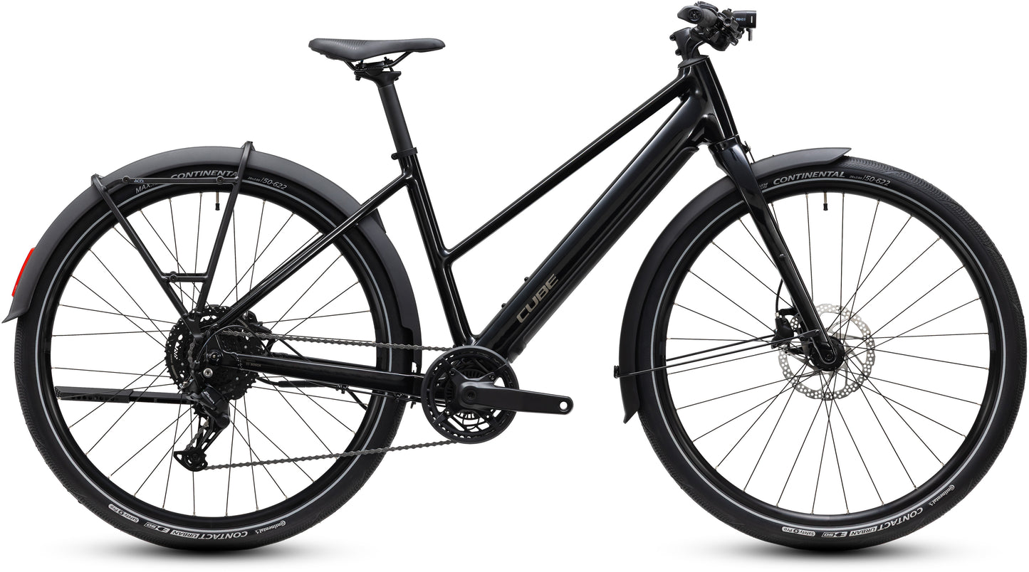 CUBE Editor Hybrid ONE 360 FE Trapeze E-Cityrad 2027 in black und irongrey, Seitenansicht