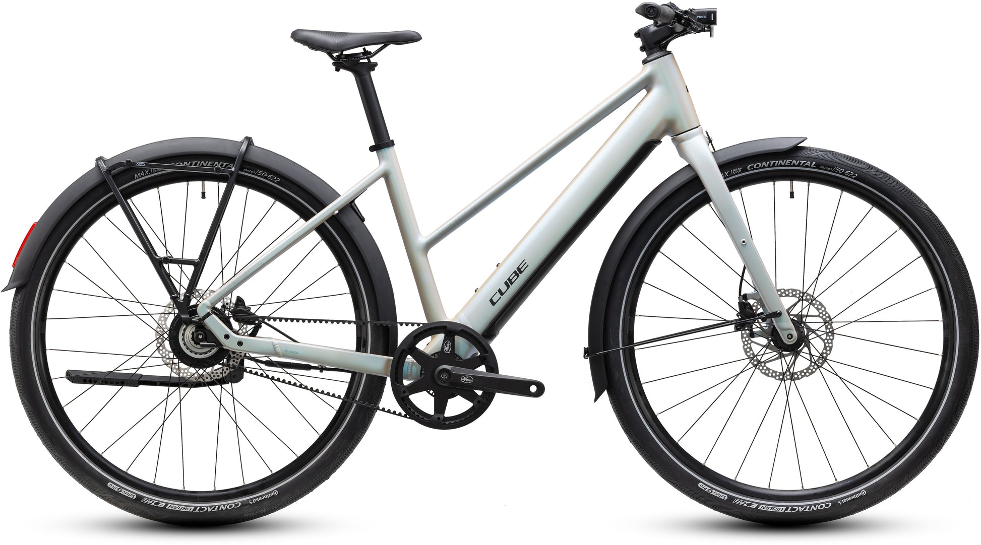 CUBE Editor Hybrid Pro 360 FE Trapeze E-Cityrad 2027 in glintsand und black, Seitenansicht