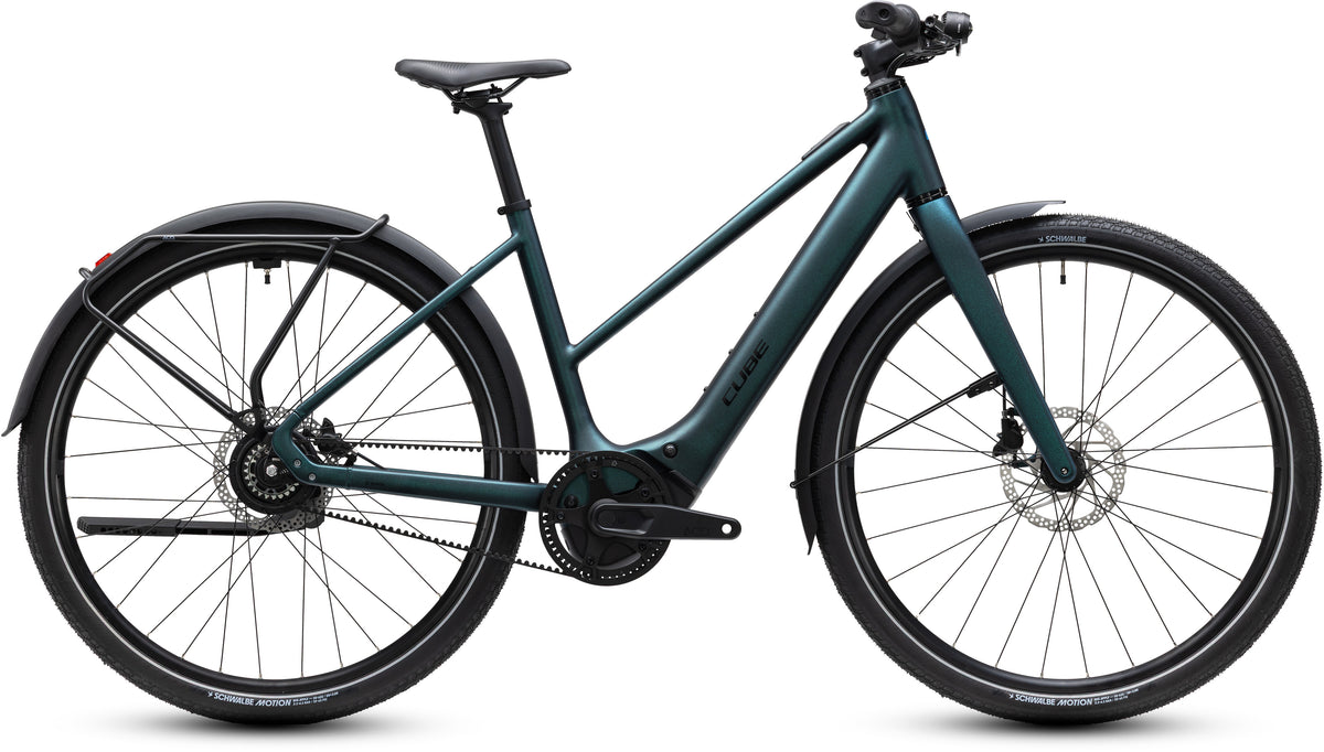 CUBE Editor Hybrid SLX 400x FE Trapeze E-Cityrad 2027 in glitterteal und black, Seitenansicht