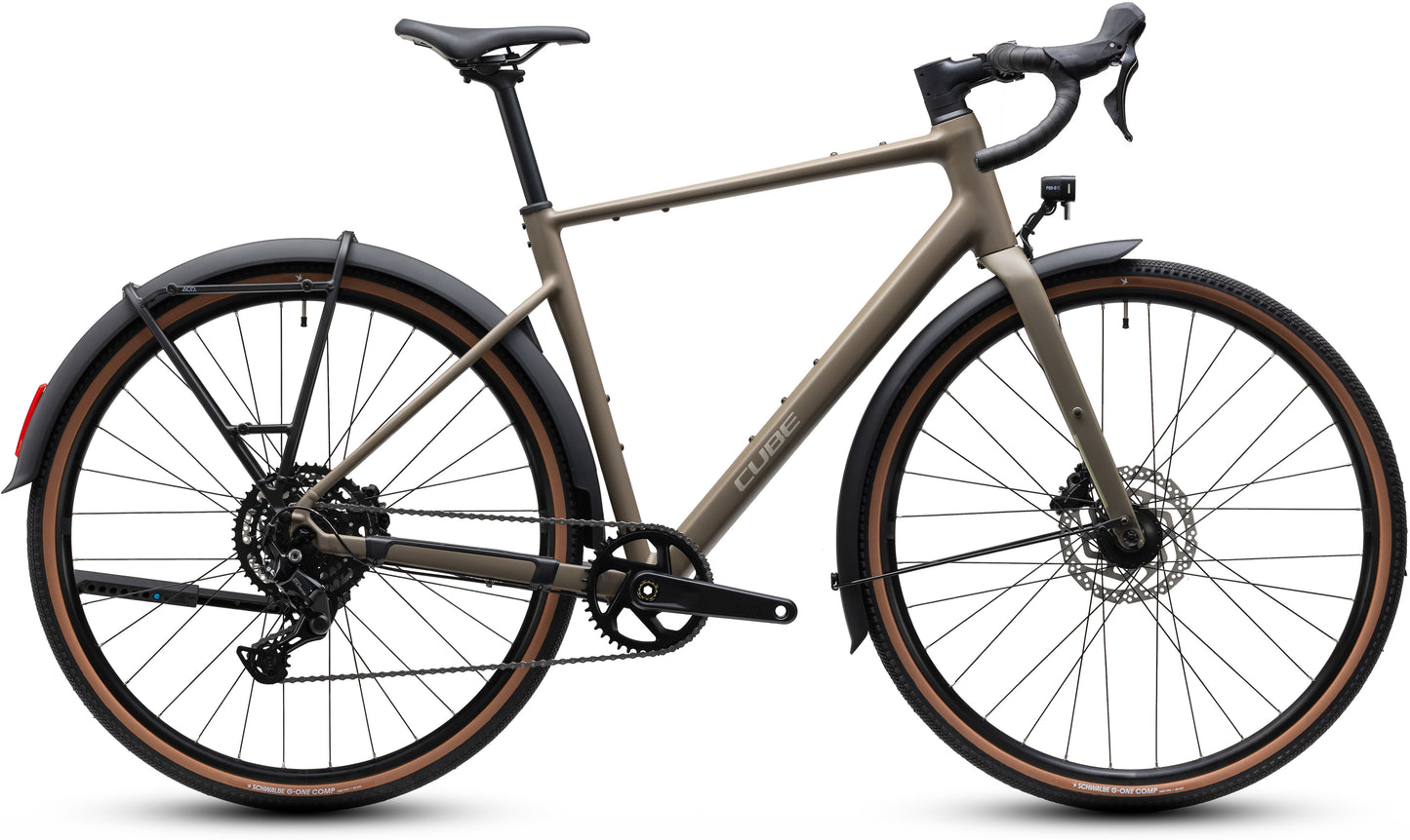 CUBE Nuroad ONE FE Gravelbike 2027 in wood und grey, Seitenansicht