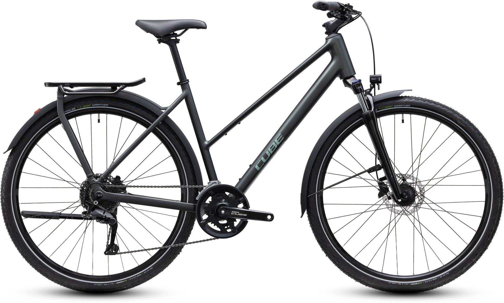 CUBE Kathmandu ONE Trapeze Trekkingrad 2027 in blackforest und chrome, Seitenansicht