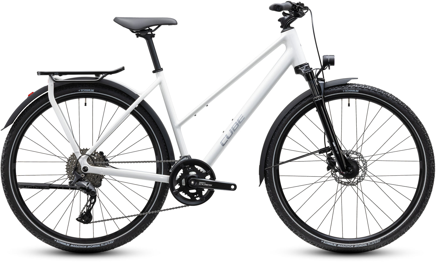 CUBE Kathmandu Pro Trapeze Trekkingrad 2027 in metallicwhite und chrome, Seitenansicht