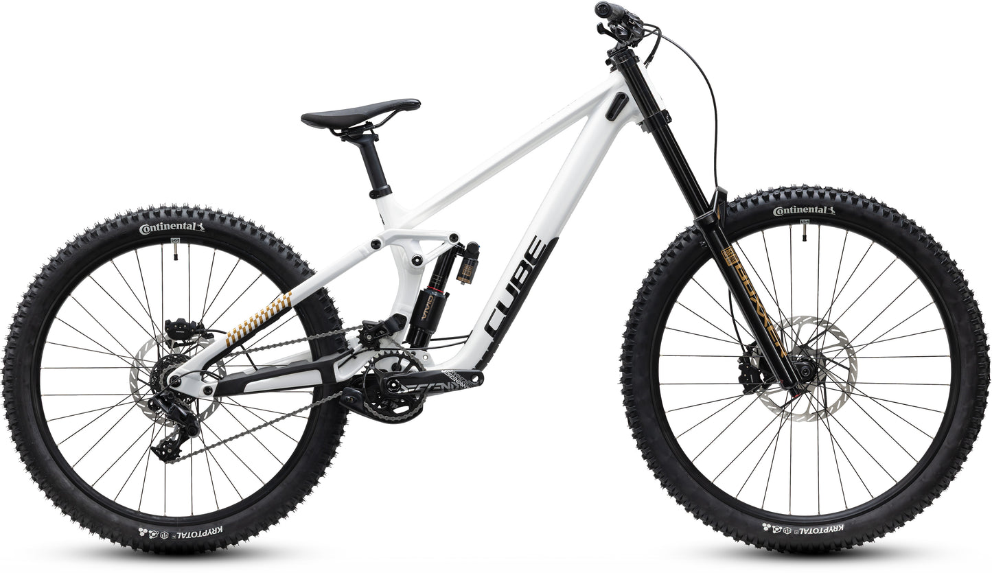 CUBE TWO15 Race Mountainbike Fully 2027 in powdergold und black, Seitenansicht