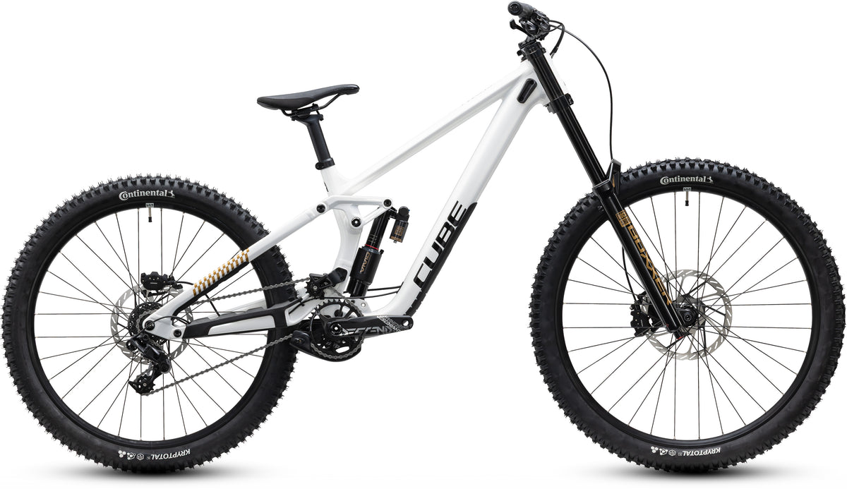 CUBE TWO15 Race Mountainbike Fully 2027 in powdergold und black, Seitenansicht