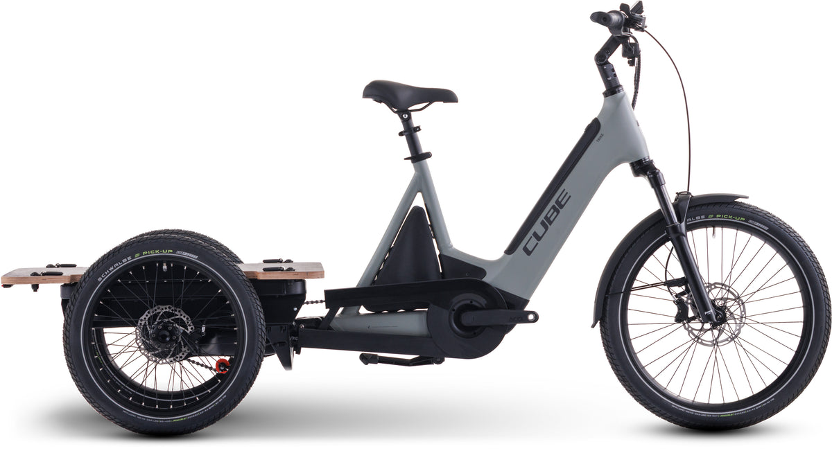 CUBE Trike Flatbed Hybrid 750 E-Dreirad 2027 in swampgrey und reflex, Seitenansicht