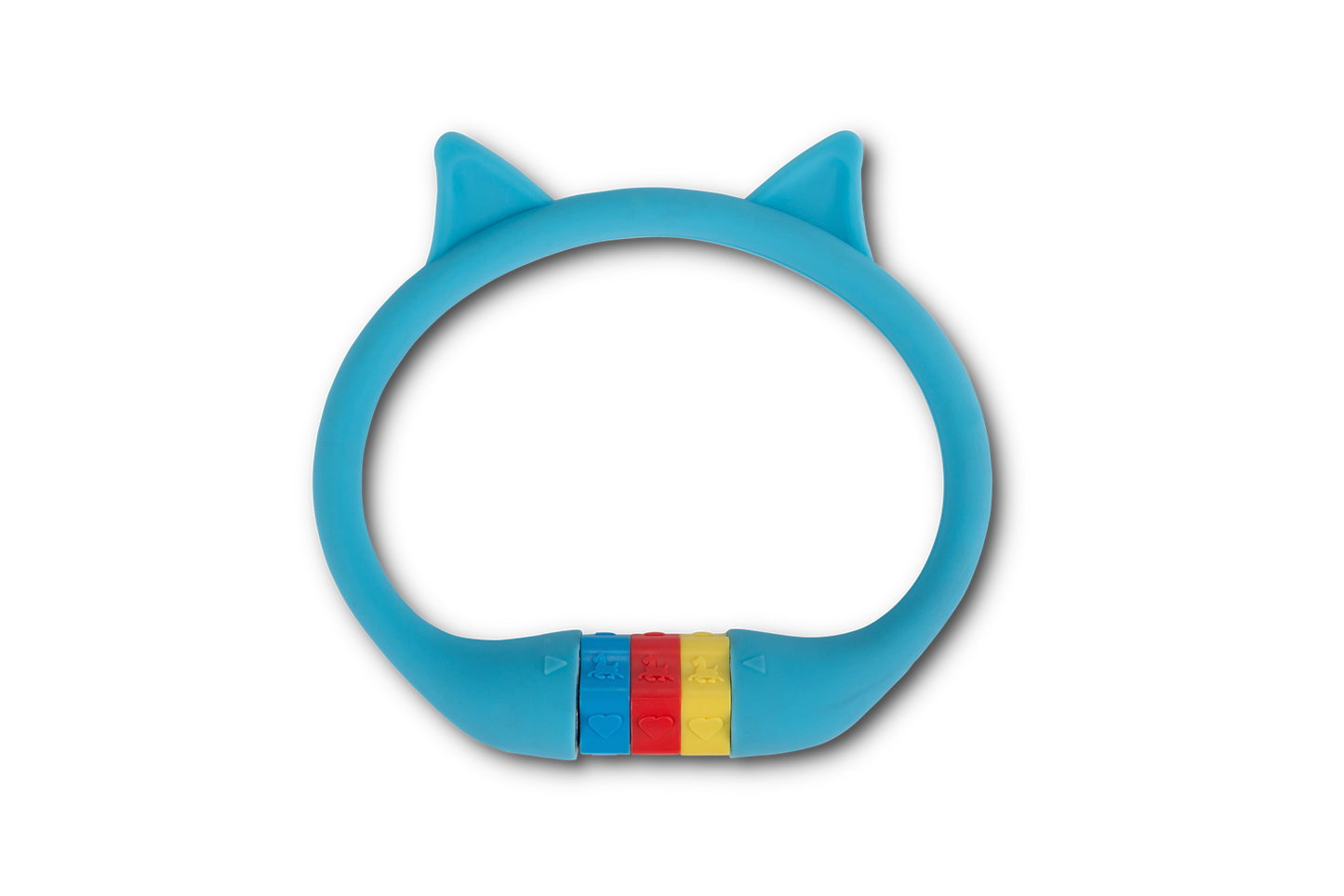 Das RFR Zahlenkabelschloss HPS "CAT" von RFR besteht aus einem blauen, katzenohrförmigen, silikonbeschichteten Ring mit vier farbigen Perlen (rot, blau, gelb, grün) an der Unterseite, die auf einem weißen Hintergrund abgebildet sind.