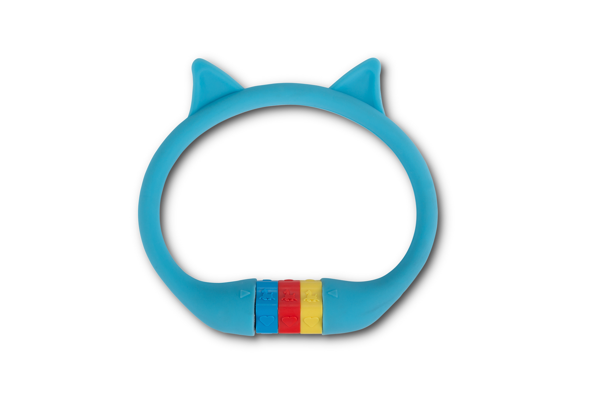 Das RFR Zahlenkabelschloss HPS "CAT" von RFR besteht aus einem blauen, katzenohrförmigen, silikonbeschichteten Ring mit vier farbigen Perlen (rot, blau, gelb, grün) an der Unterseite, die auf einem weißen Hintergrund abgebildet sind.