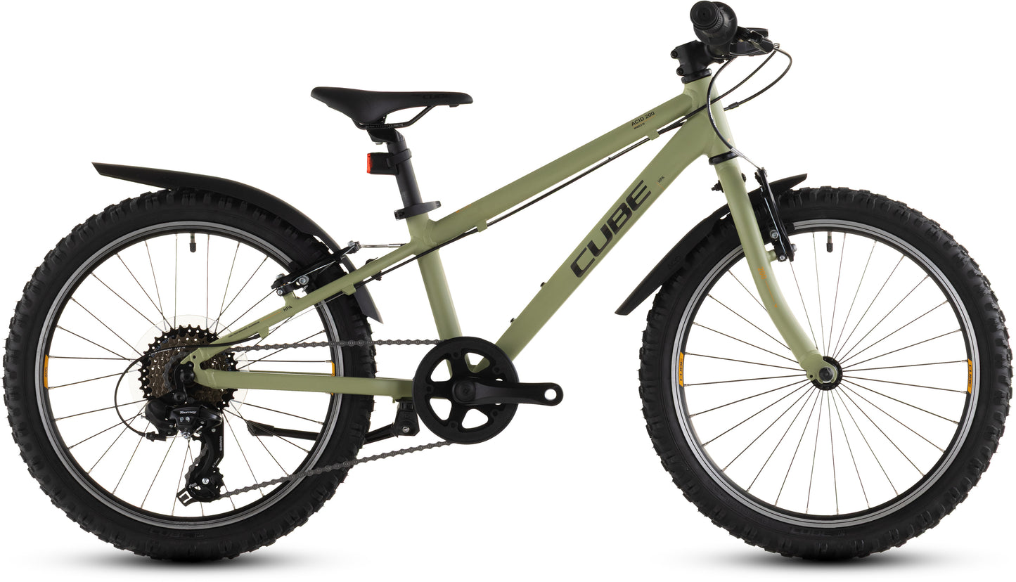 CUBE Acid 200 FE Kinderrad 2027 in lightolive und orange, Seitenansicht