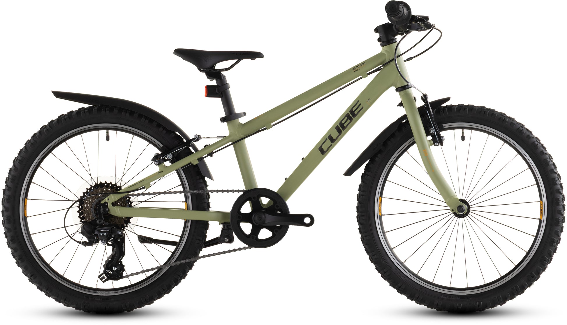 CUBE Acid 200 FE Kinderrad 2027 in lightolive und orange, Seitenansicht