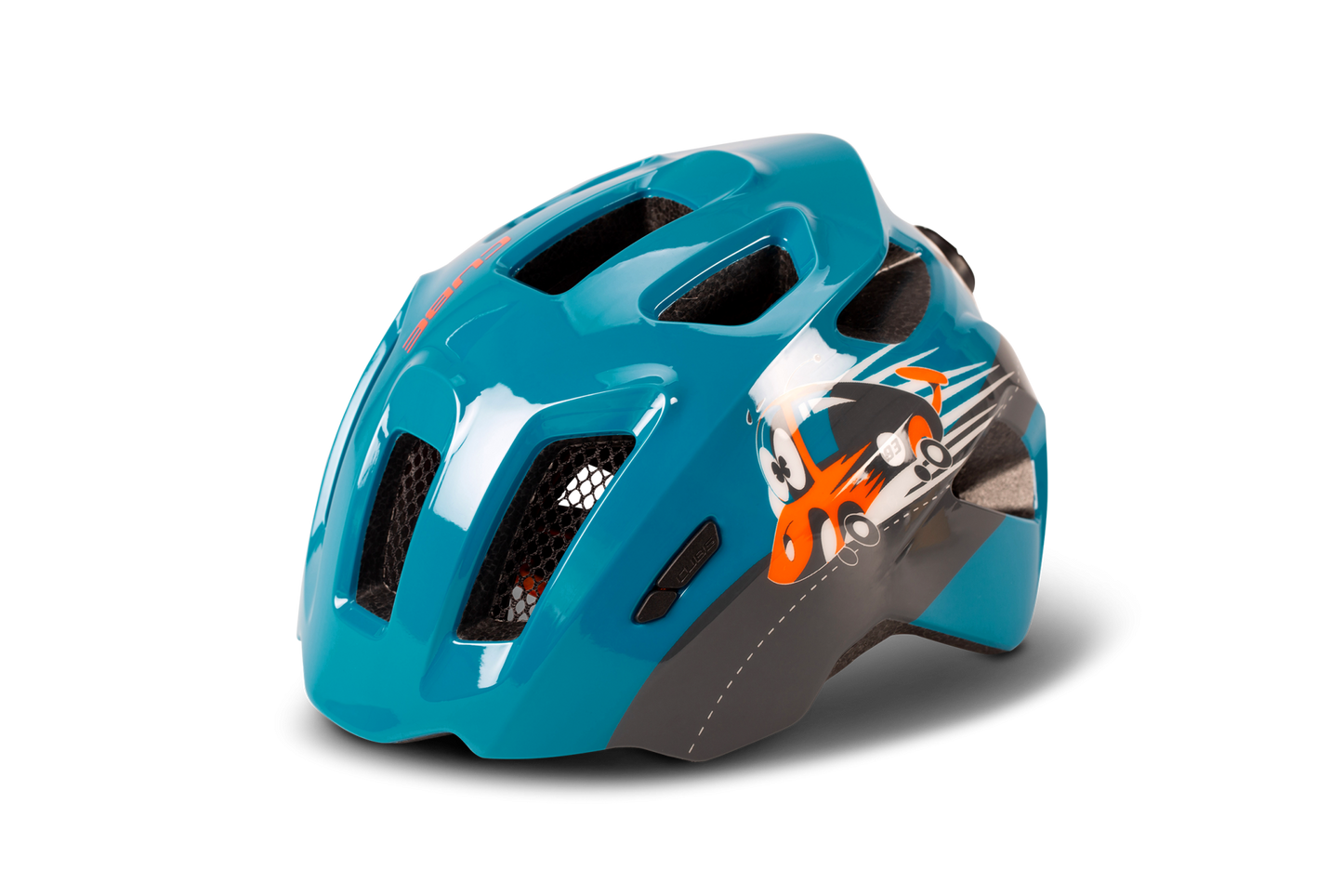 Der CUBE Helm FINK von Cube ist ein blauer Kinderfahrradhelm mit schwarzen Belüftungsöffnungen und einer orangefarbenen Cartoon-Rennwagengrafik - ideal für junge Fahrer.