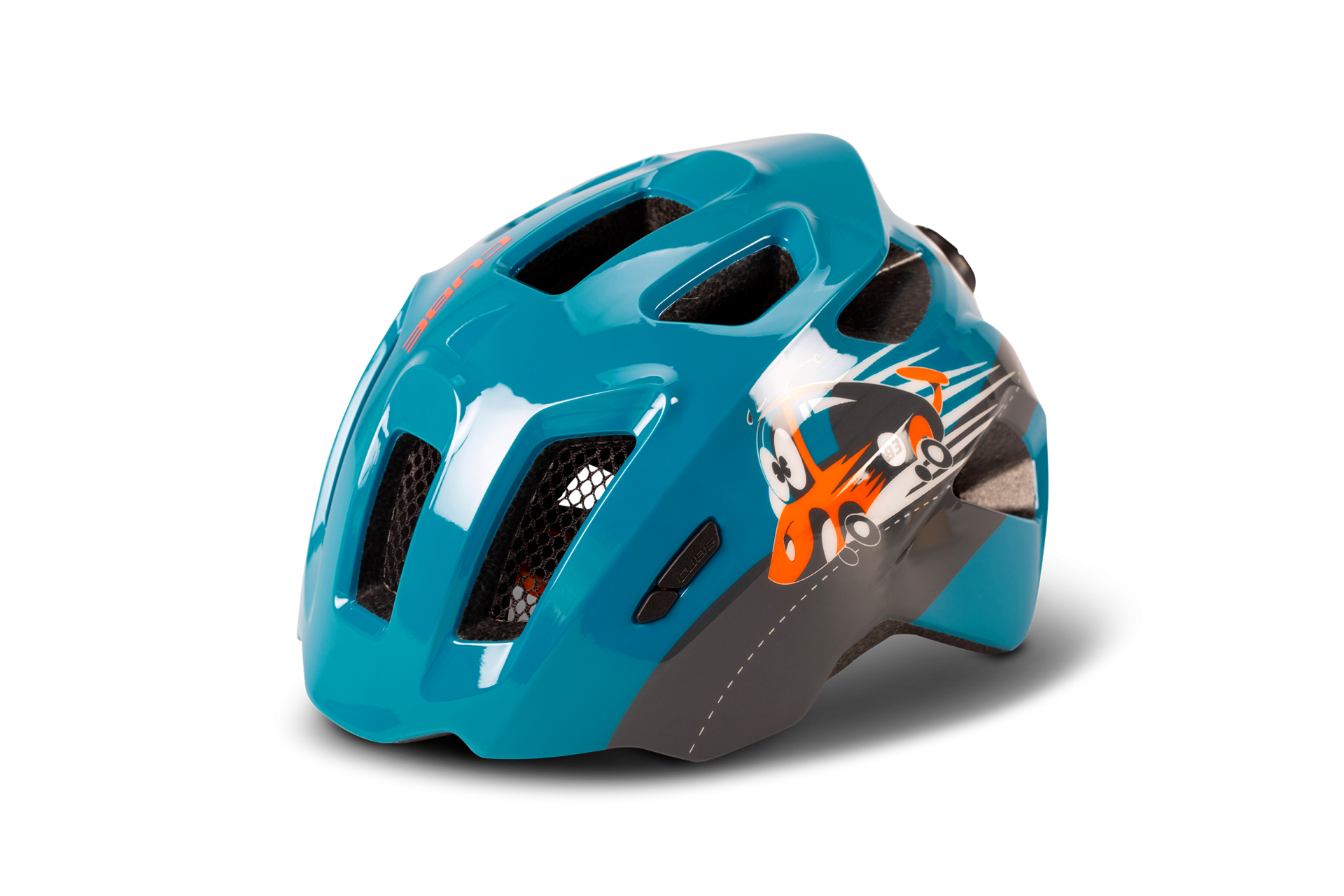 Der CUBE Helm FINK von Cube ist ein blauer Kinderfahrradhelm mit schwarzen Belüftungsöffnungen und einer orangefarbenen Cartoon-Rennwagengrafik - ideal für junge Fahrer.