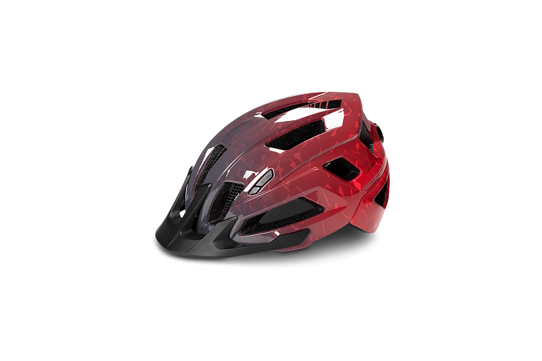 Der CUBE Helm STEEP von Cube, ein All Terrain-Helm in rot und schwarz mit mehrfachen Belüftungsöffnungen für optimalen Luftstrom, dargestellt auf einem schlichten hellgrauen Hintergrund.
