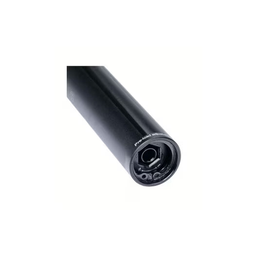Nahaufnahme des Endes einer schwarzen CONTEC PARALLELOGRAMM Sattelstütze 30,9mm, 350mm lang, zeigt die Einstellung und die mechanischen Komponenten im Inneren der Fahrradsattelstütze.