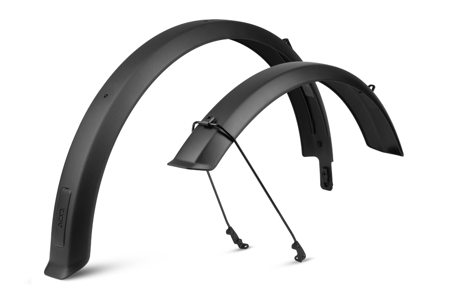 Das ACID Schutzblechset SIC 2.0 84 29" BB Mount black von ACID besteht aus zwei schwarzen Schutzblechen mit Stützstreben für 29" Mountainbikes, die hochkant und angewinkelt vor weißem Hintergrund dargestellt sind.