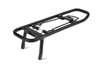 Der ACID Gepäckträgeraufsatz SIC 2.0 TOP RAIL von ACID ist ein schwarzer Gepäckträger mit gefederten Klemmen, zwei Stützbeinen und einem offenen rechteckigen Rahmen, dargestellt auf weißem Hintergrund.