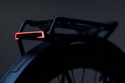 Nahaufnahme des Gepäckträgers und des Reifens eines Fahrrads mit dem ACID E-Bike Gepäckträgerrücklicht PRO-E HPP schwarz BES3 mit rotem LED-Licht, StVZO-geprüft, das die Dunkelheit um Bosch BES3-Motoren ausleuchtet.