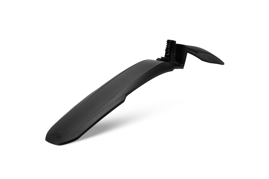 Das ACID Steckschutzblech VANE PRO 27,5-29" vorne schwarz ist ein schwarzes Kunststoff-Vorderradschutzblech mit verstellbarer Halterung, erhältlich im CUBE Store Göttingen, Niedersachsen. Es wird oberhalb des Rades angebracht und schützt den Fahrer vor Schlamm und Wasser.