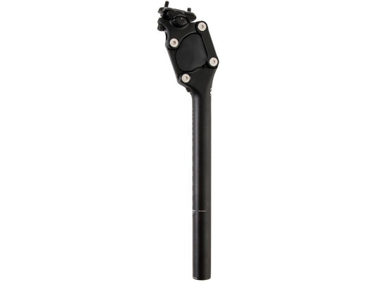 Die CONTEC PARALLELOGRAMM Sattelstütze 30,9mm x 350mm verfügt über sichtbare Schrauben und einen Top-Pivot-Mechanismus, der Stöße absorbiert und den Fahrerkomfort erhöht.